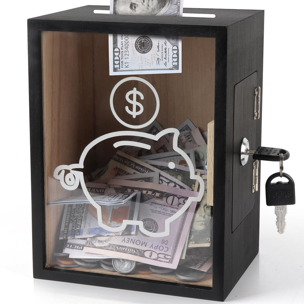 Mczxon clear piggy bank with lock viewed from front, secure kids' savings.
