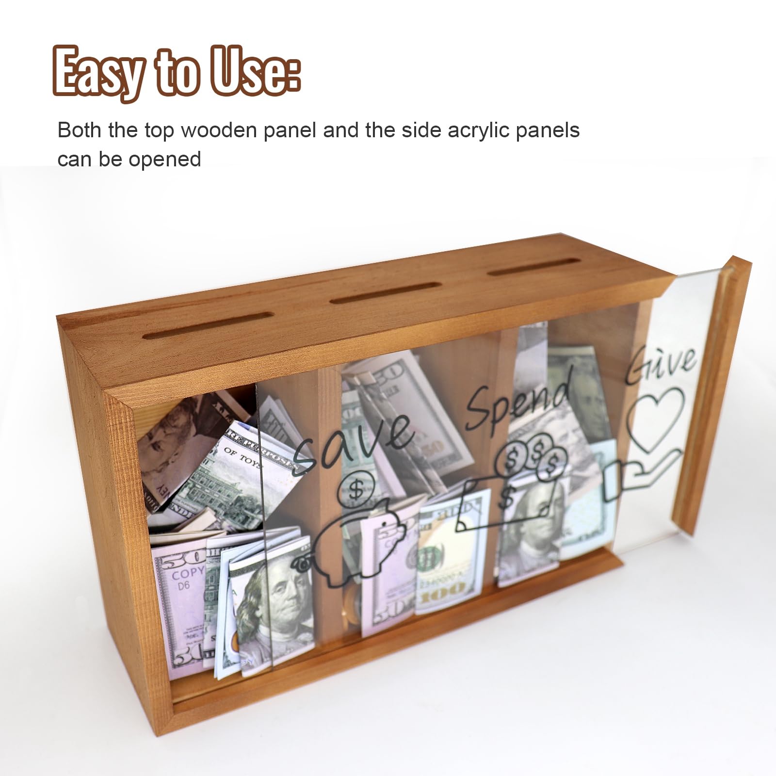 Mczxon three-compartment money box helps visualize spending, saving, and giving.