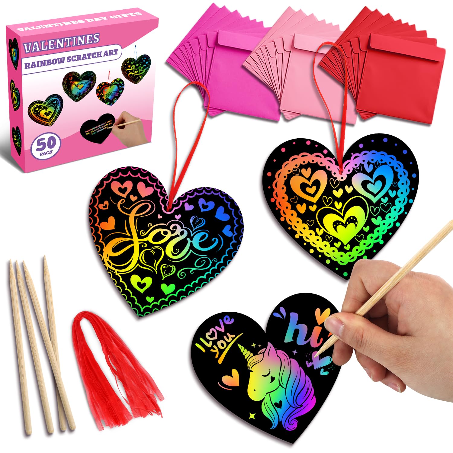 MDCGFOD Valentine scratch heart cards reveal bright rainbow art in classroom activities