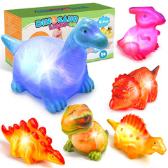 MDINGTD baby bath dinosaur toy pack—six glowing dinos for bath time.