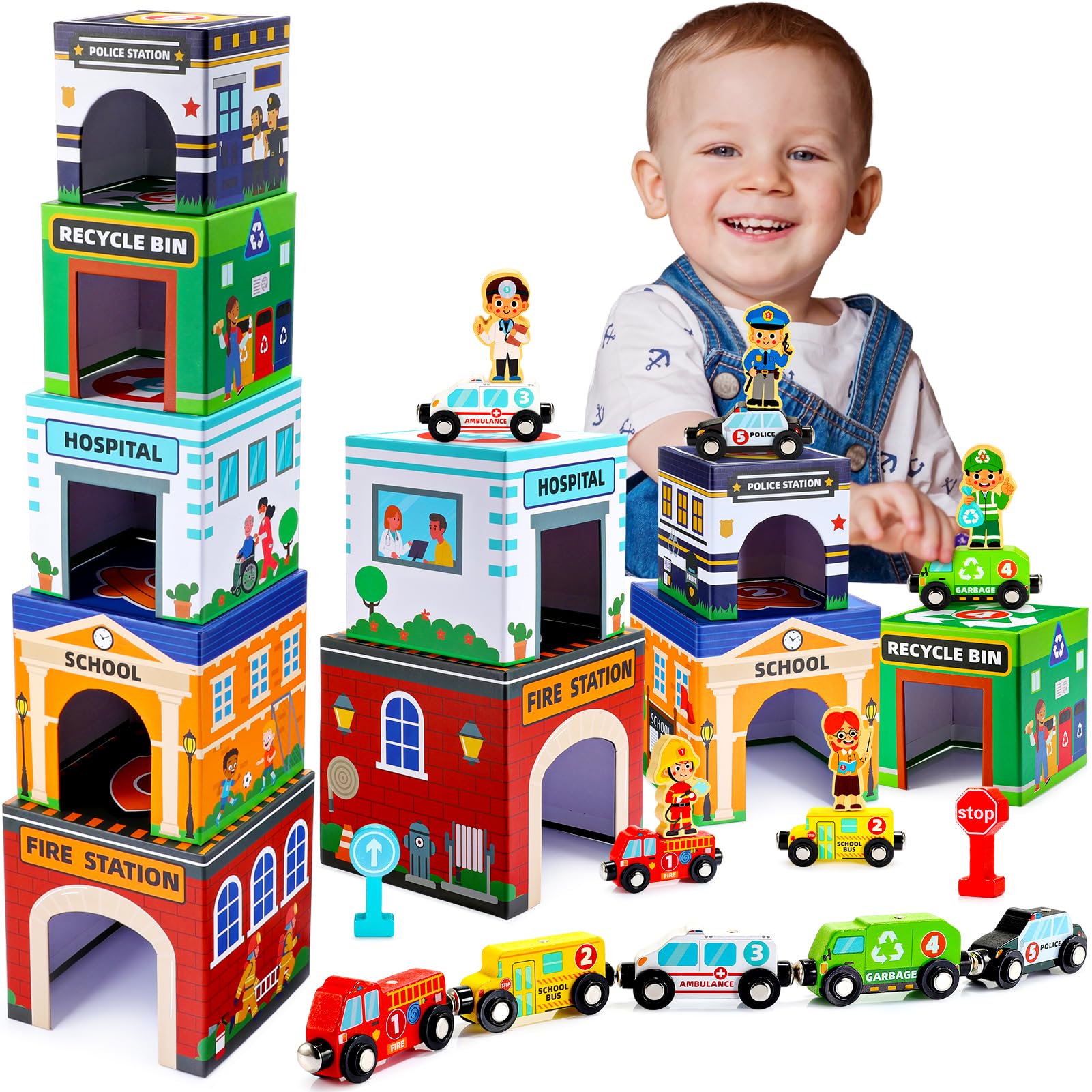 MDINGTD Baby Stacking Toys stackable garages for imaginative career play and fine motor practice.