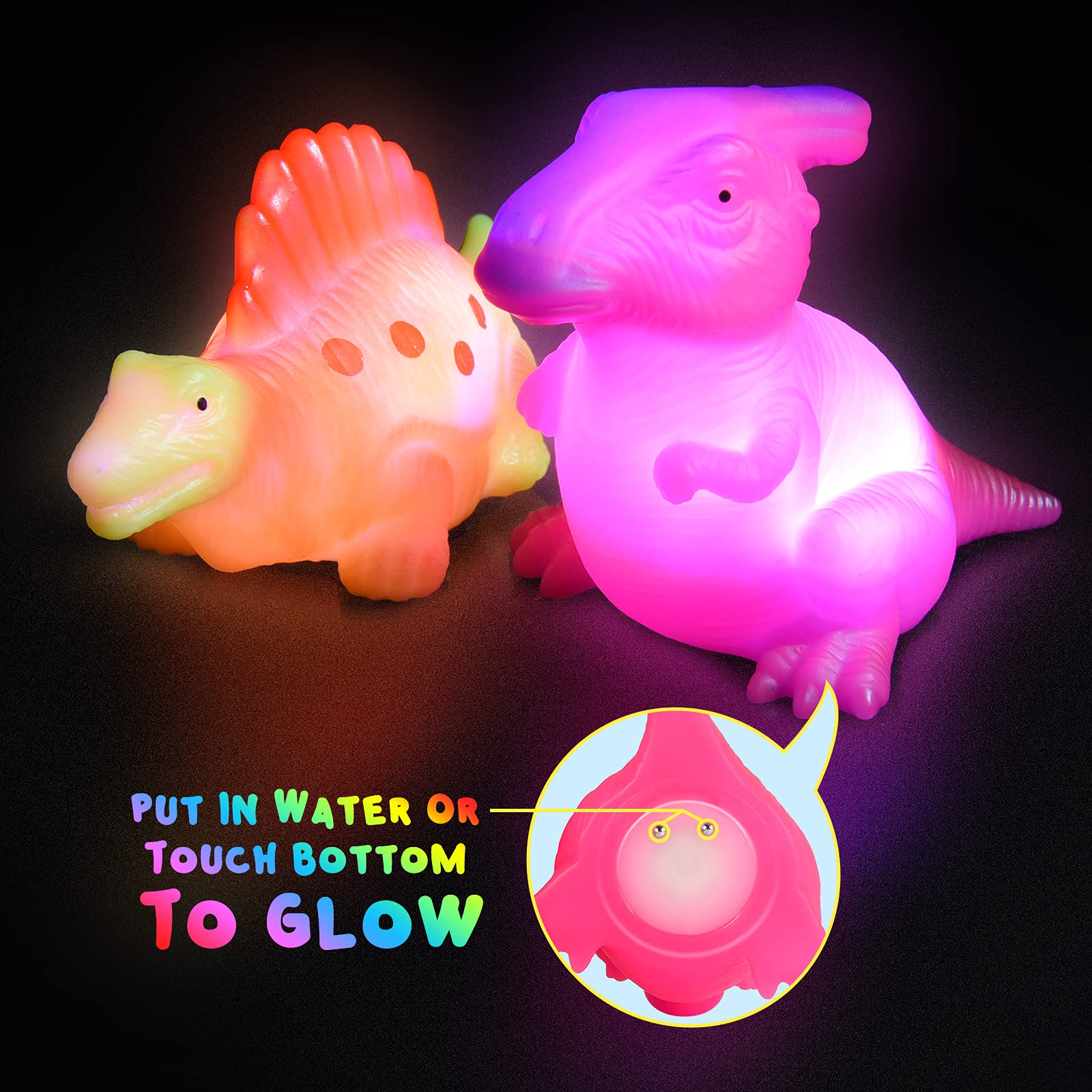 MDINGTD dinosaur bath toy with touch-activated light for easy on/off control.