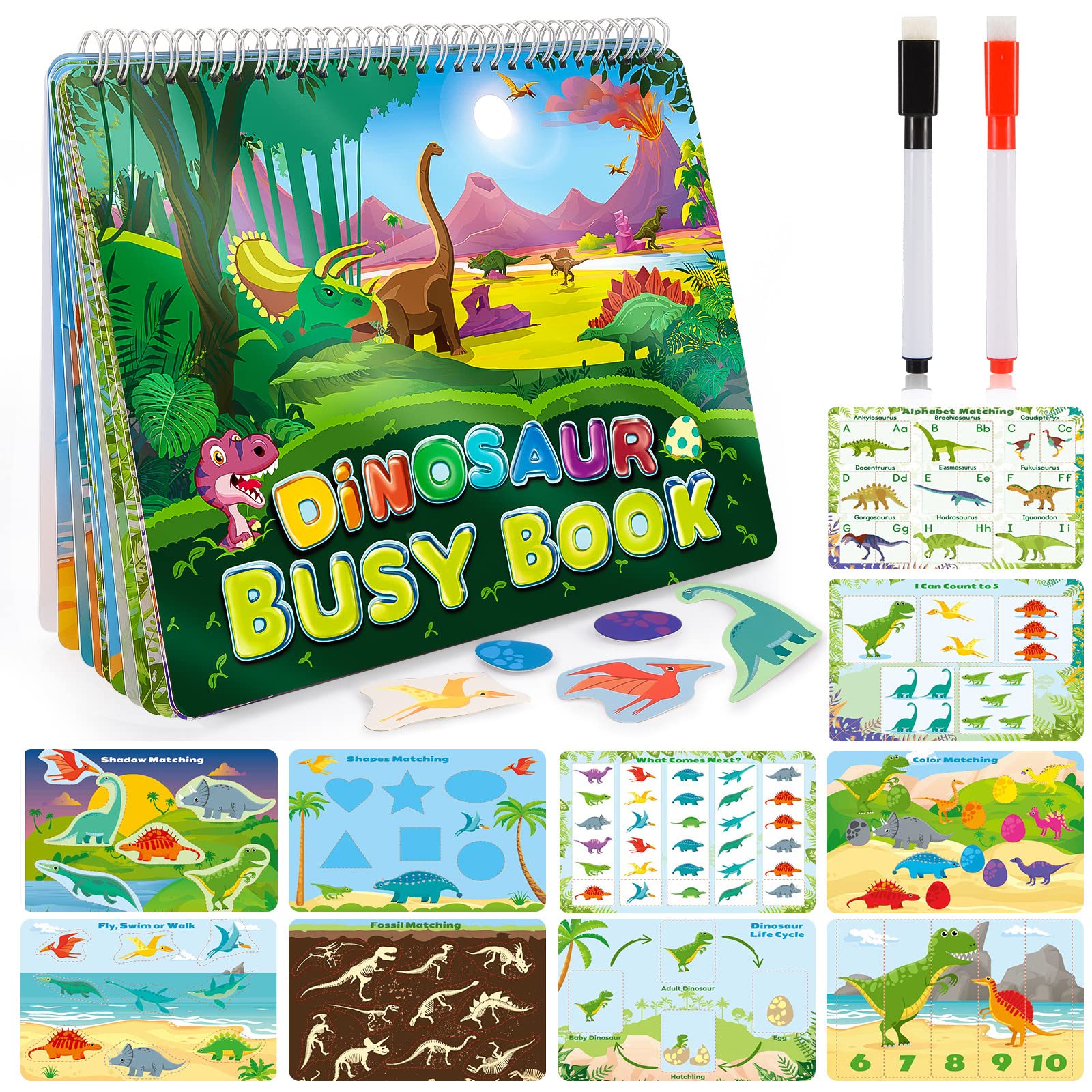 MDINGTD Dinosaur Busy Book for kids aids hand-eye coordination through colorful dinosaur activities.