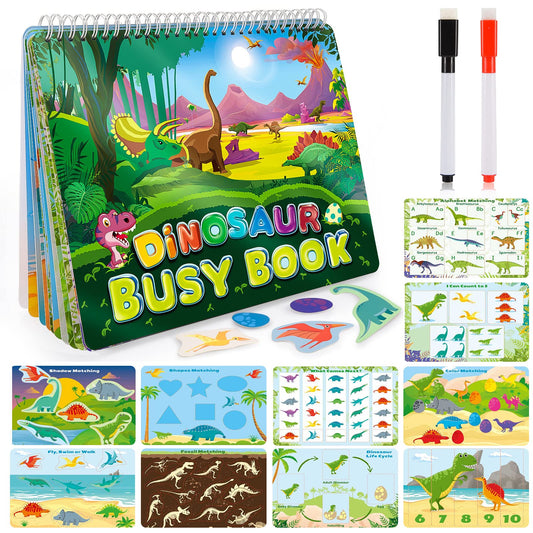 MDINGTD Dinosaur Busy Book for kids aids hand-eye coordination through colorful dinosaur activities.
