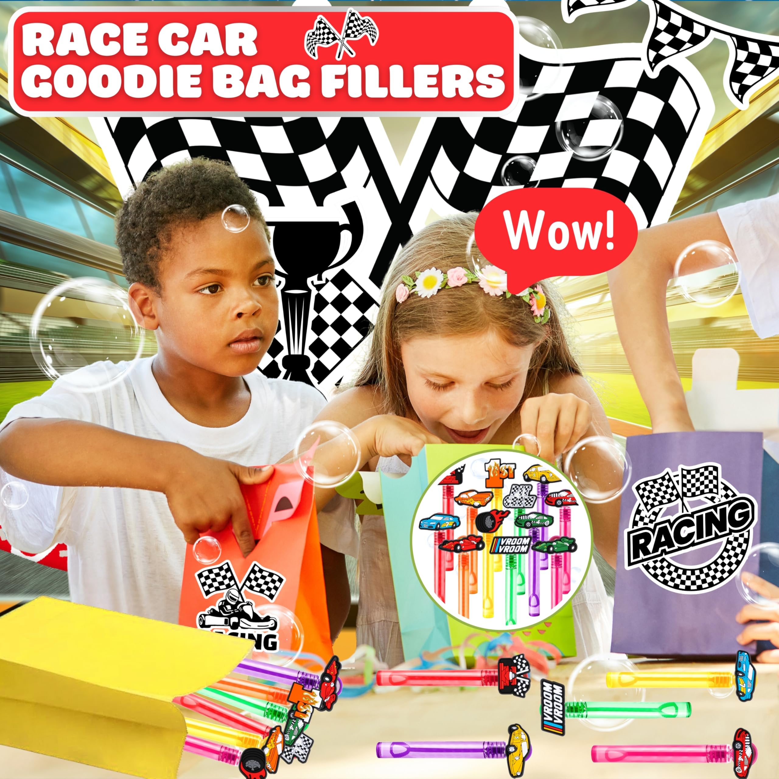 MDNHIO Race Car Bubble Wand featuring wheels design, ideal for gift bags and party decor.