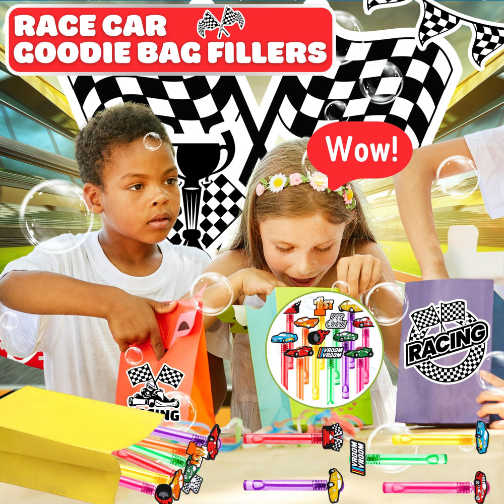 MDNHIO Race Car Bubble Wand featuring wheels design, ideal for gift bags and party decor.