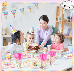 Meanplan unicorn tableware completes the theme with a cohesive color story.