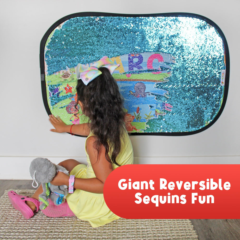 Meavia sequin flip provides tactile stimulation during quiet, focused play.