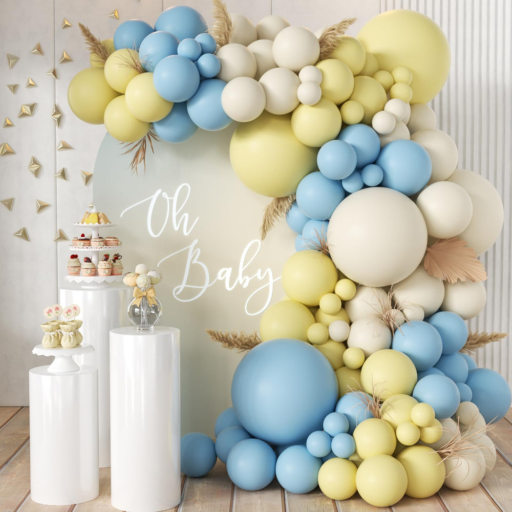 MEBAY blue-yellow-white balloon arch kit 18inch for a stunning party backdrop.