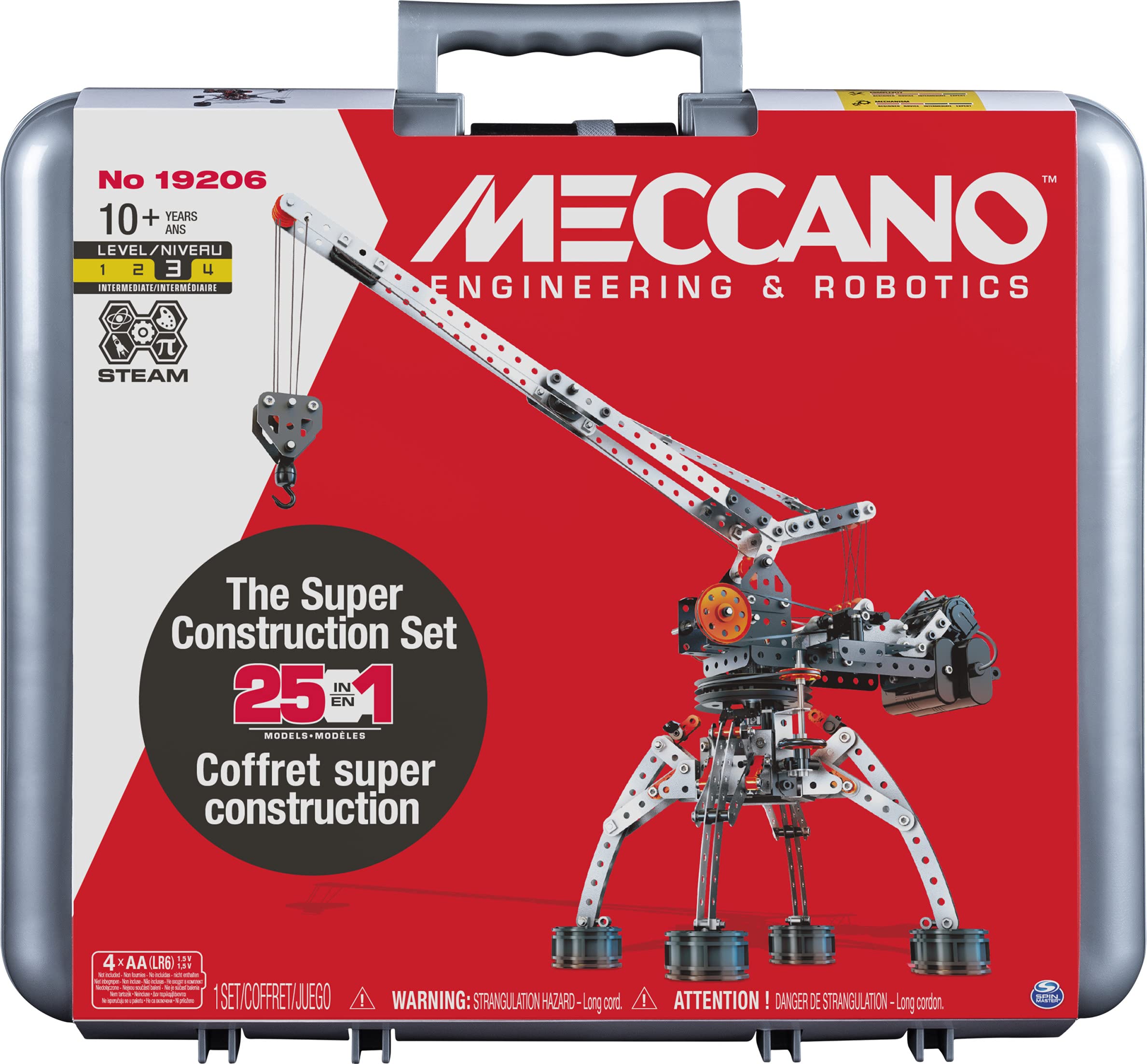 Meccano Super Construction 25-in-1 crane model with motorized action for learning by building.