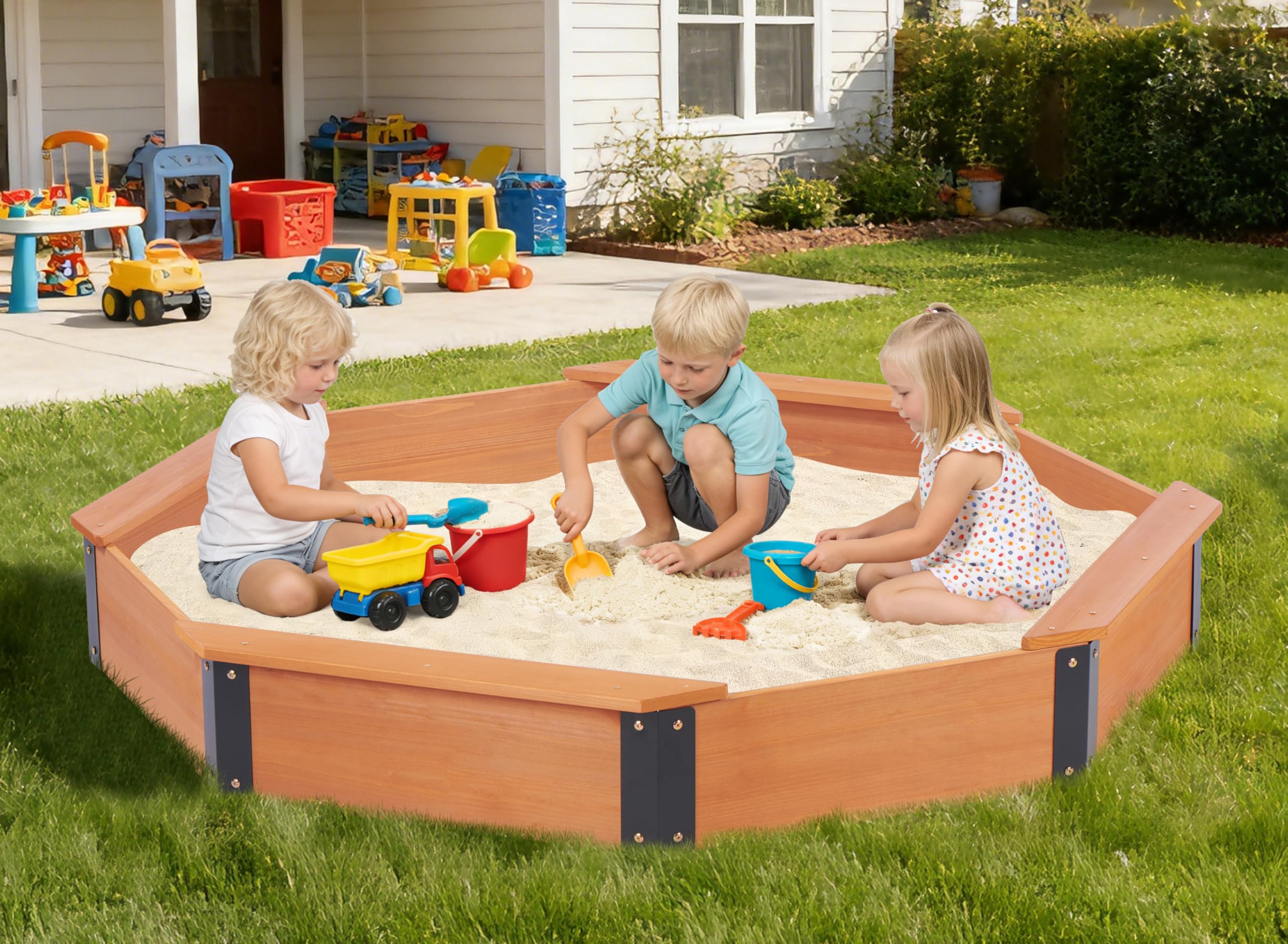 Mederra 64x56x9 octagon sandpit assembly shows quick setup