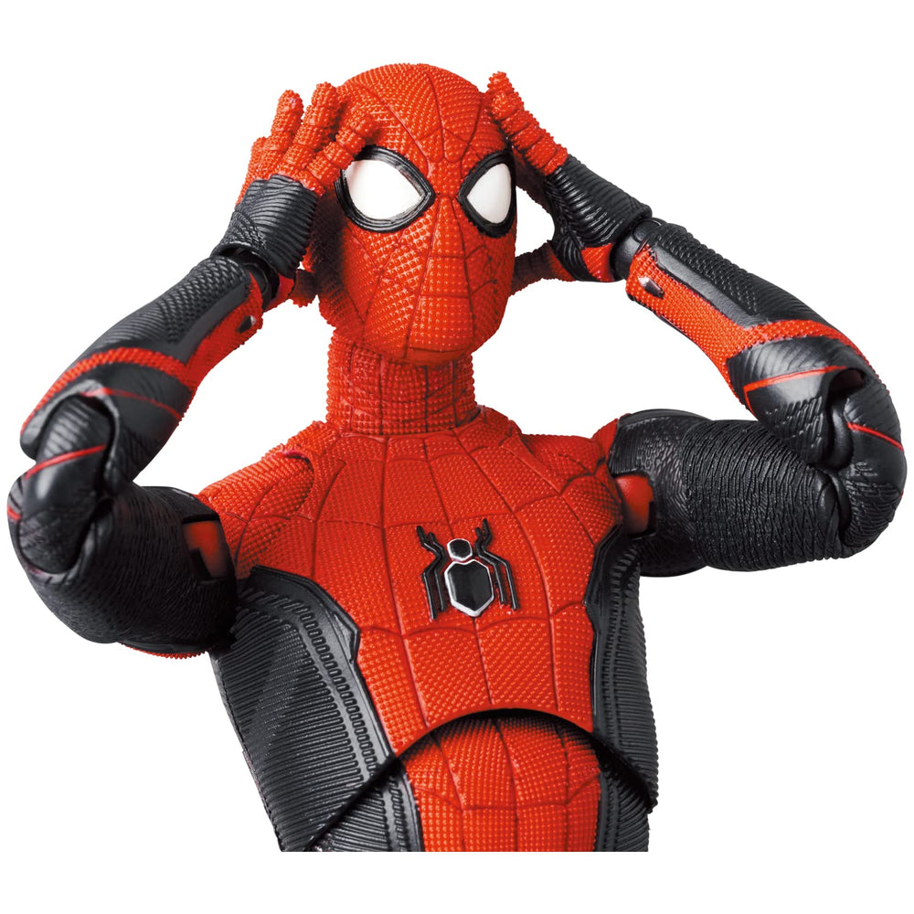 Medicom Toy MAFEX Spider-Man Upgraded Suit display poses for shelf showcase.