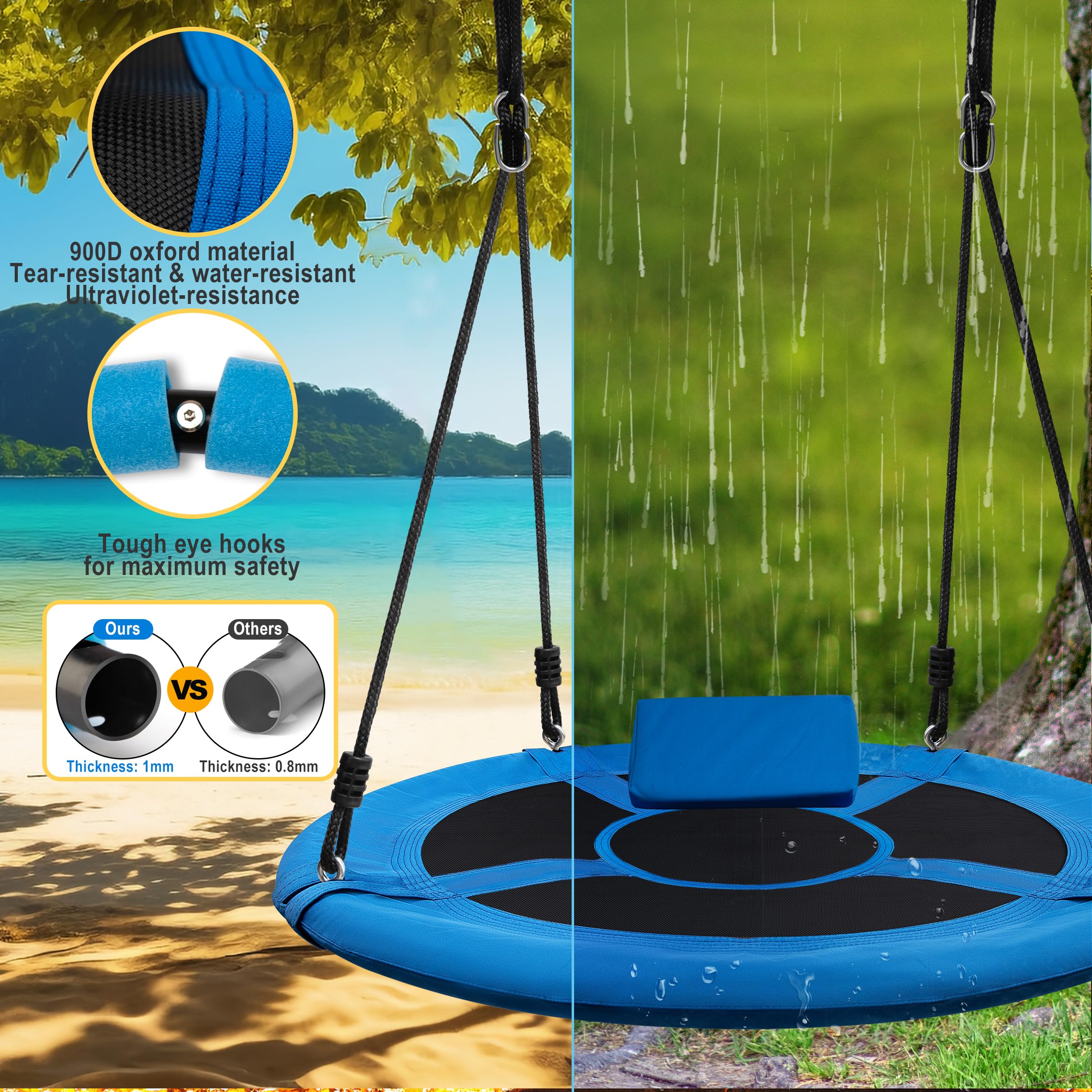 Medicook saucer swing hanging straps enable easy, secure installation on trees.