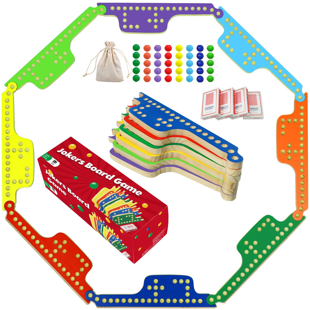 Medikaison Colorful Jokers and Marbles board assembly with sturdy wooden pieces for durable gameplay.