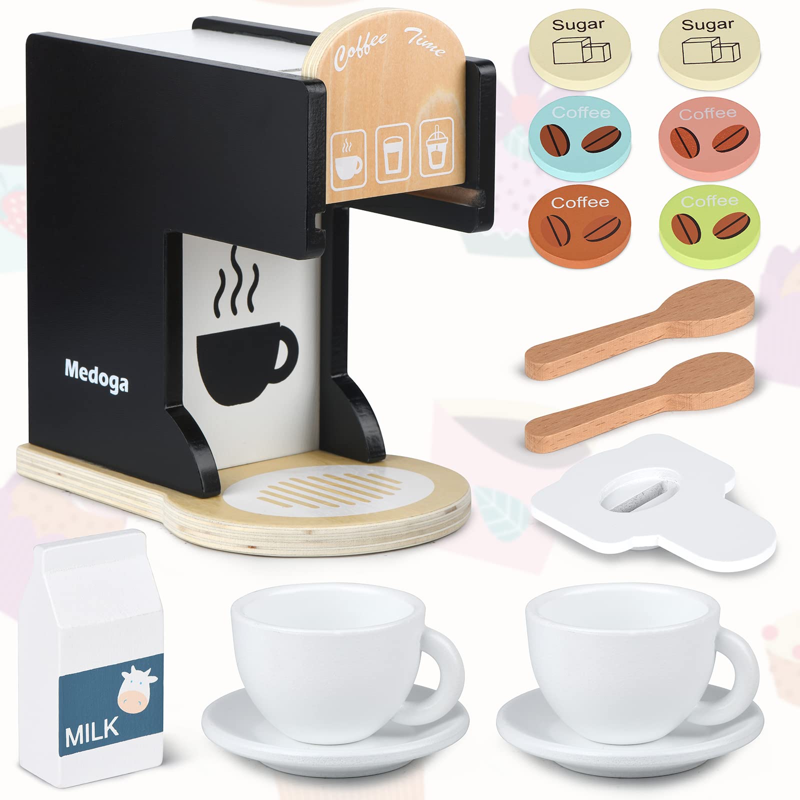 Medoga coffee maker toy close-up highlights the side dial and pod drop-in for interactive play.