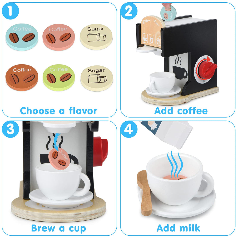Medoga coffee maker toy with pods-in-cup action demonstrates realistic drop-in feature for pretend play.