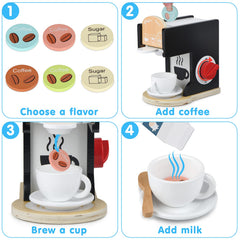 Medoga coffee maker toy with pods-in-cup action demonstrates realistic drop-in feature for pretend play.