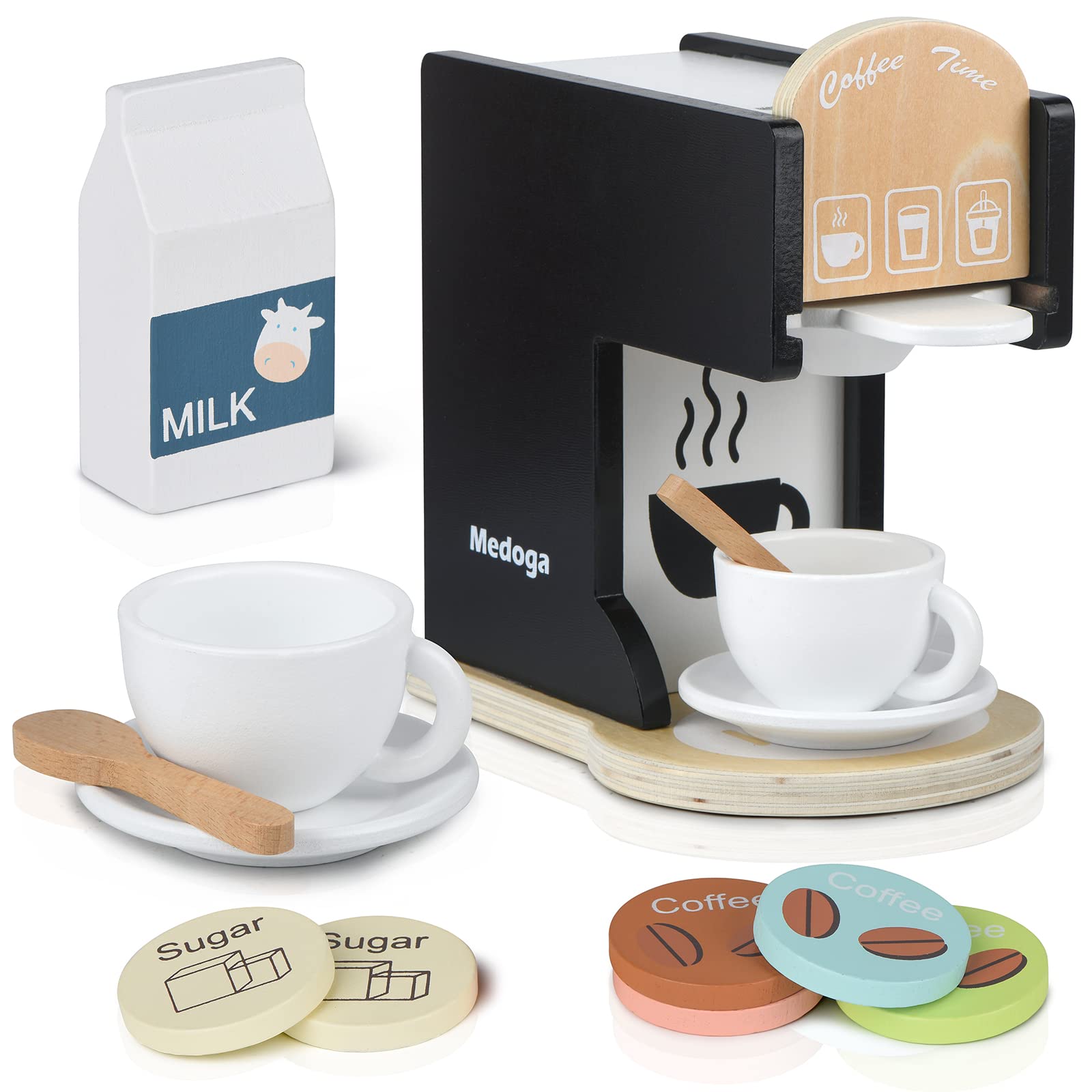 Medoga play kitchen coffee maker front view showcases realistic wooden design for imaginative pretend brewing.