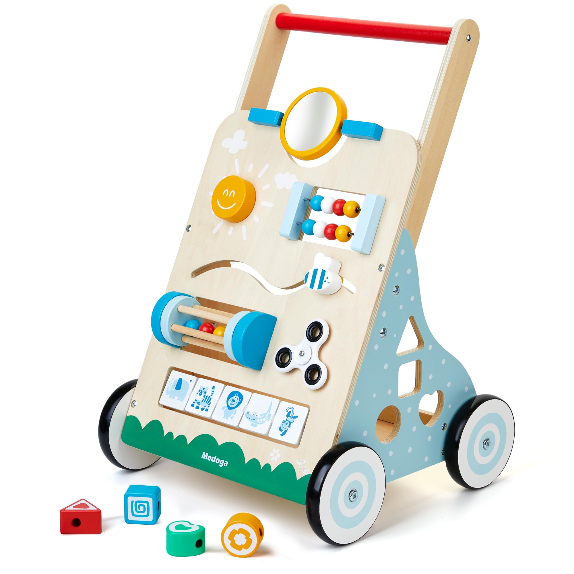 Medoga wooden baby walker side view with four-wheel stability for steady steps.