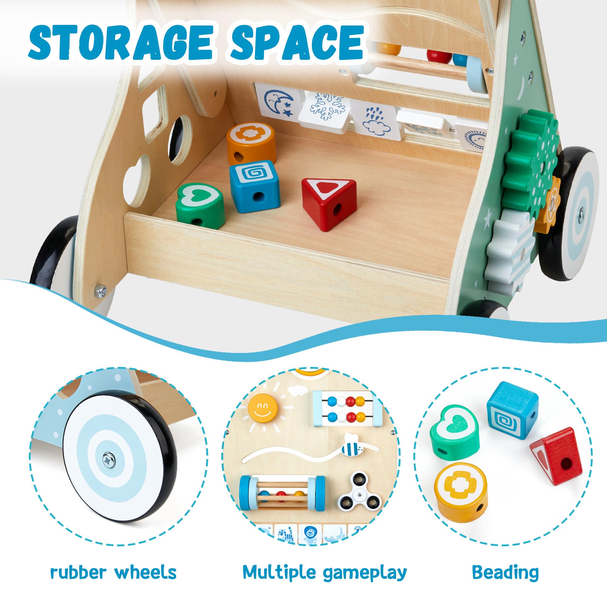 Medoga walker built-in storage for quick toy tidy-ups after play.