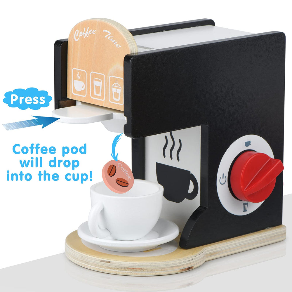 Medoga wooden coffee maker with cups and spoons ready for a complete pretend barista setup.