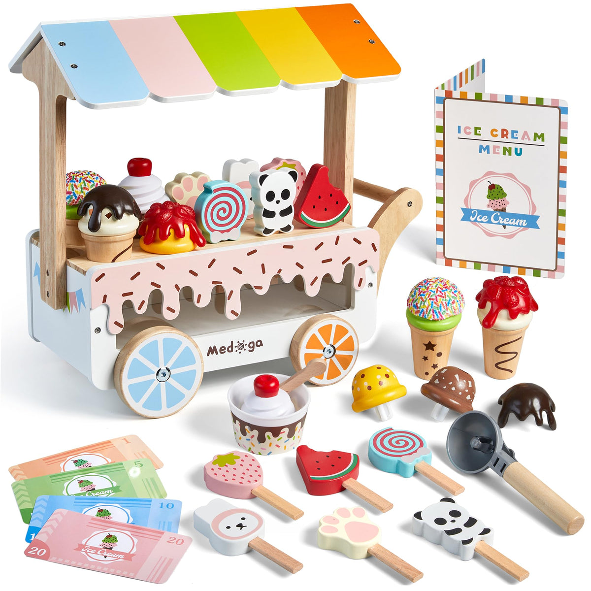 Medoga wooden ice cream cart for imaginative pretend play and creative fun.