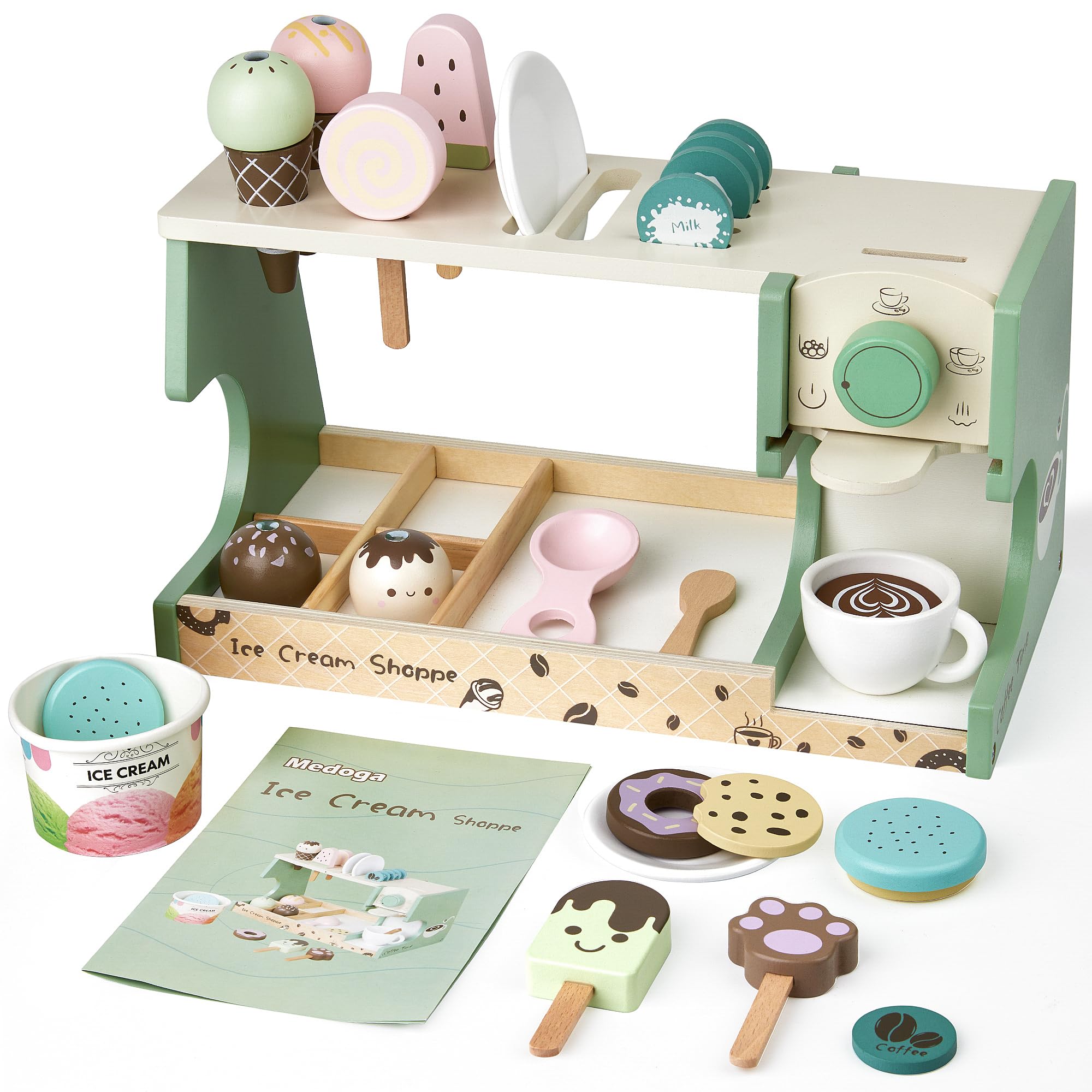Medoga wooden ice cream counter with coffee maker boosts imaginative play.