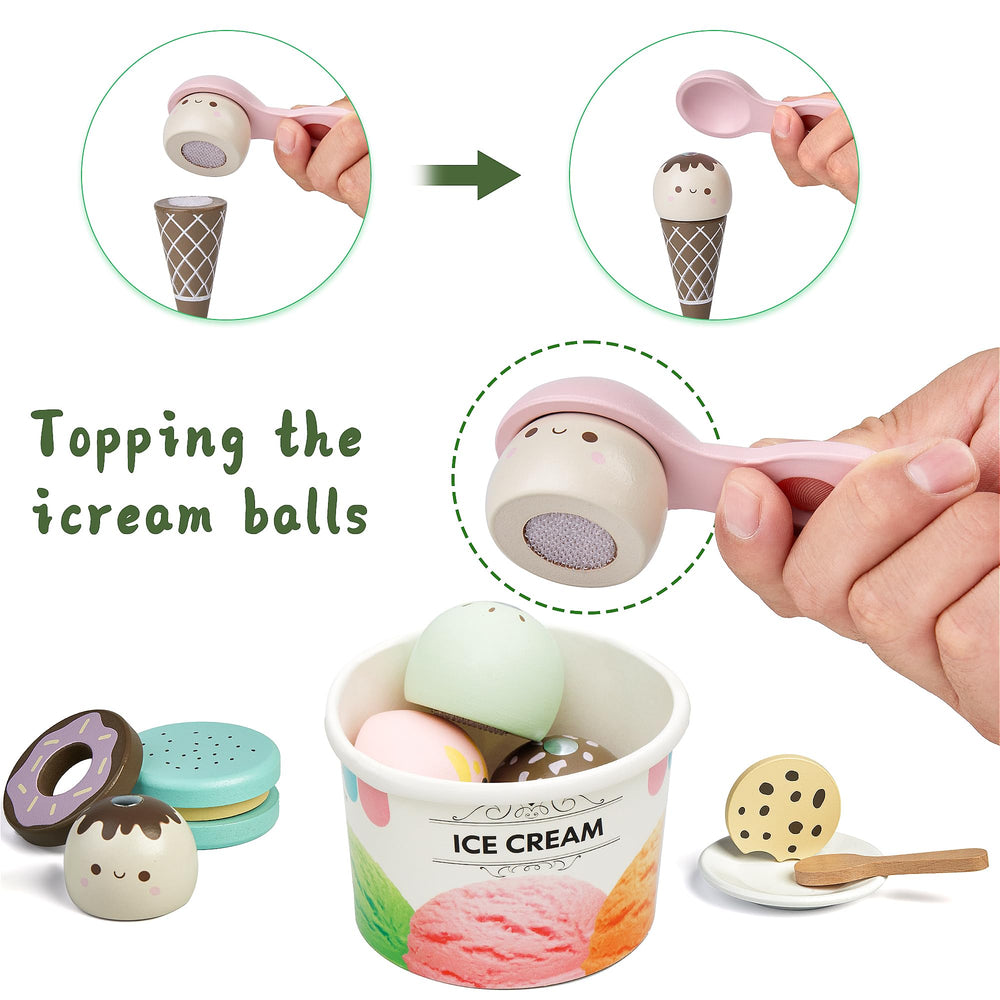 Medoga wooden ice cream scoops and flavors inspire storytelling during playtime.