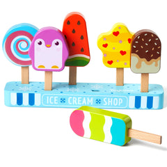 medoga wooden ice cream stand shown with colorful lollies for organized pretend play.