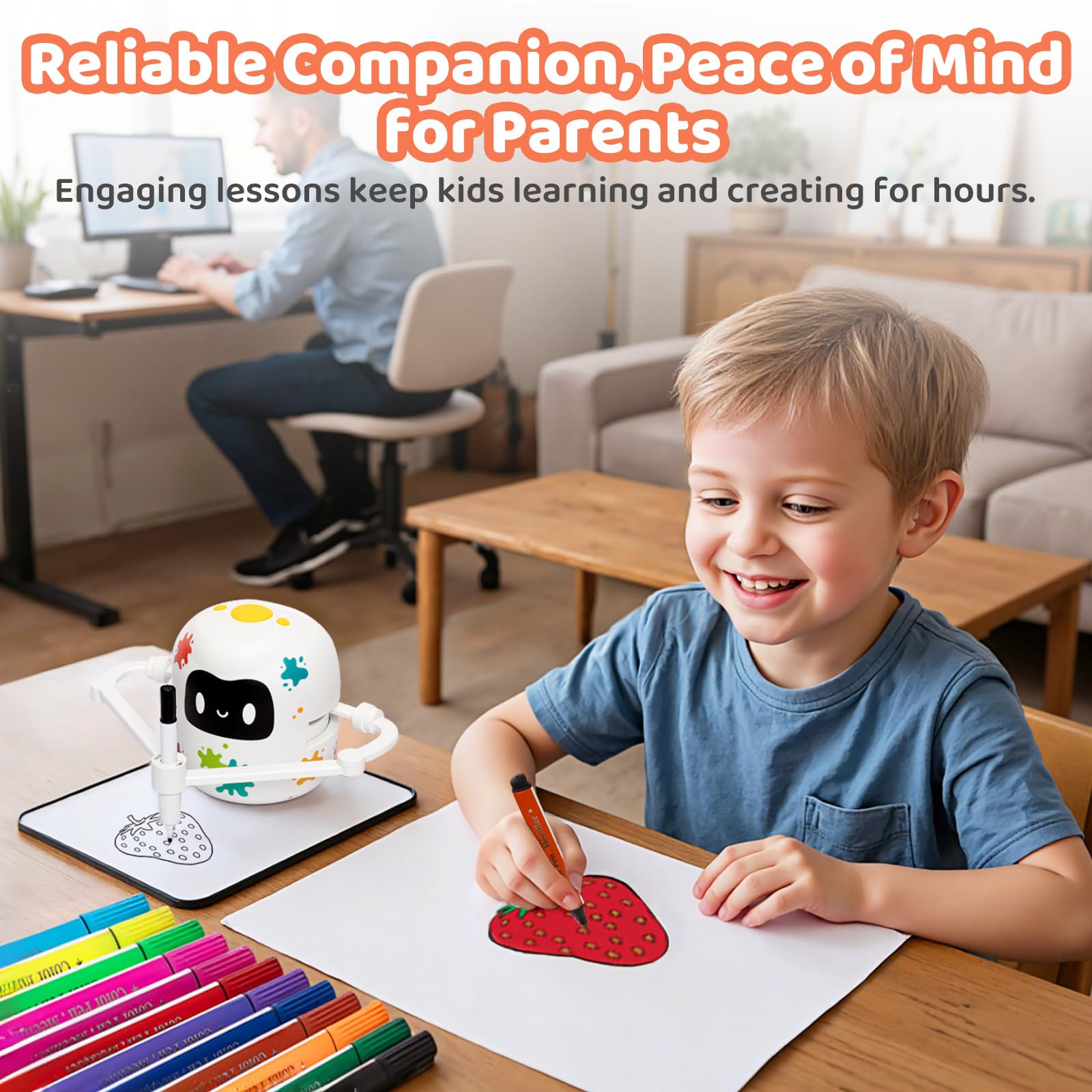 MeWaii Drawing Robot with 12 crayons enabling vibrant color exploration