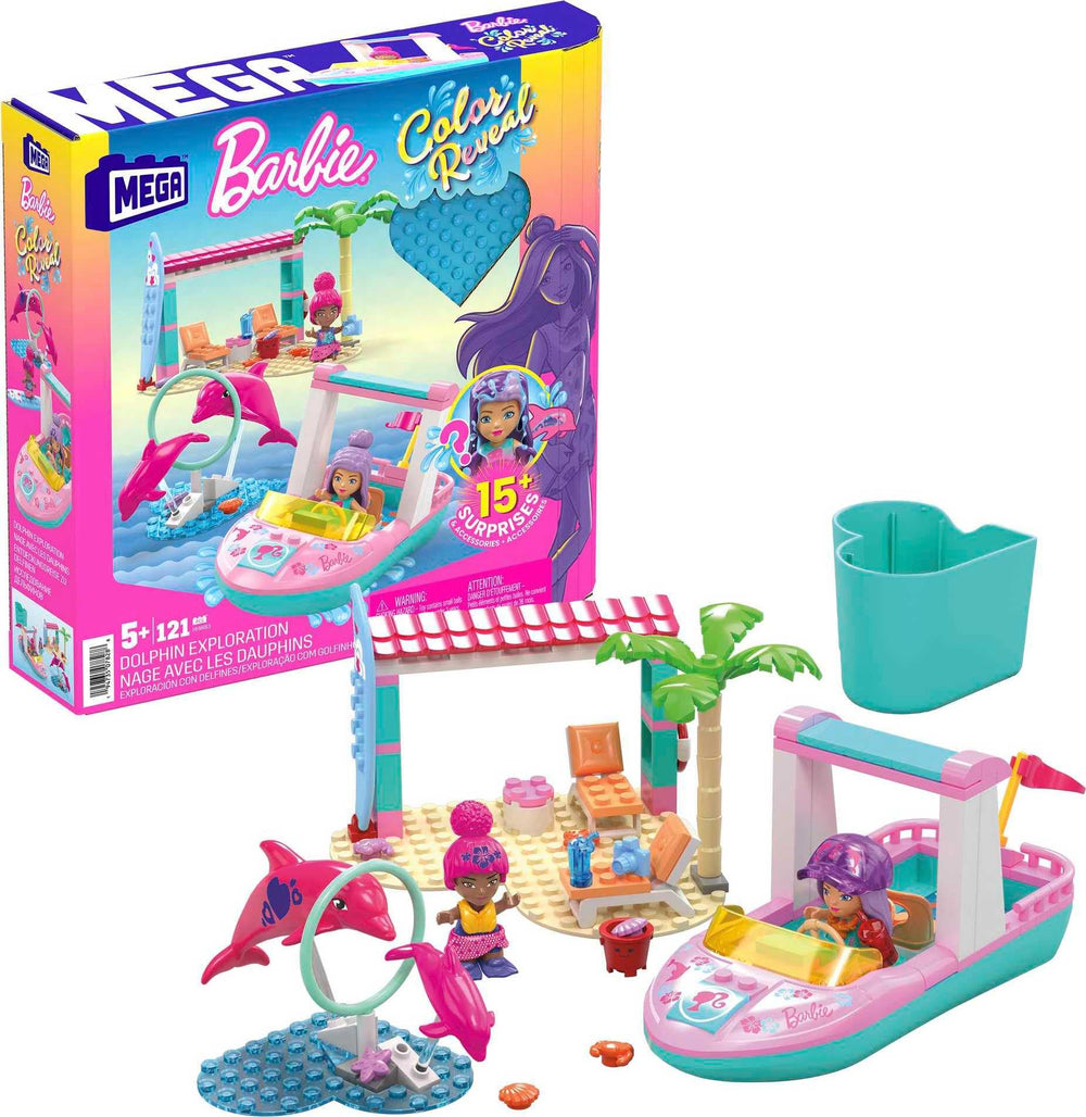 MEGA Barbie Color Reveal boat and two micro-dolls for imaginative play