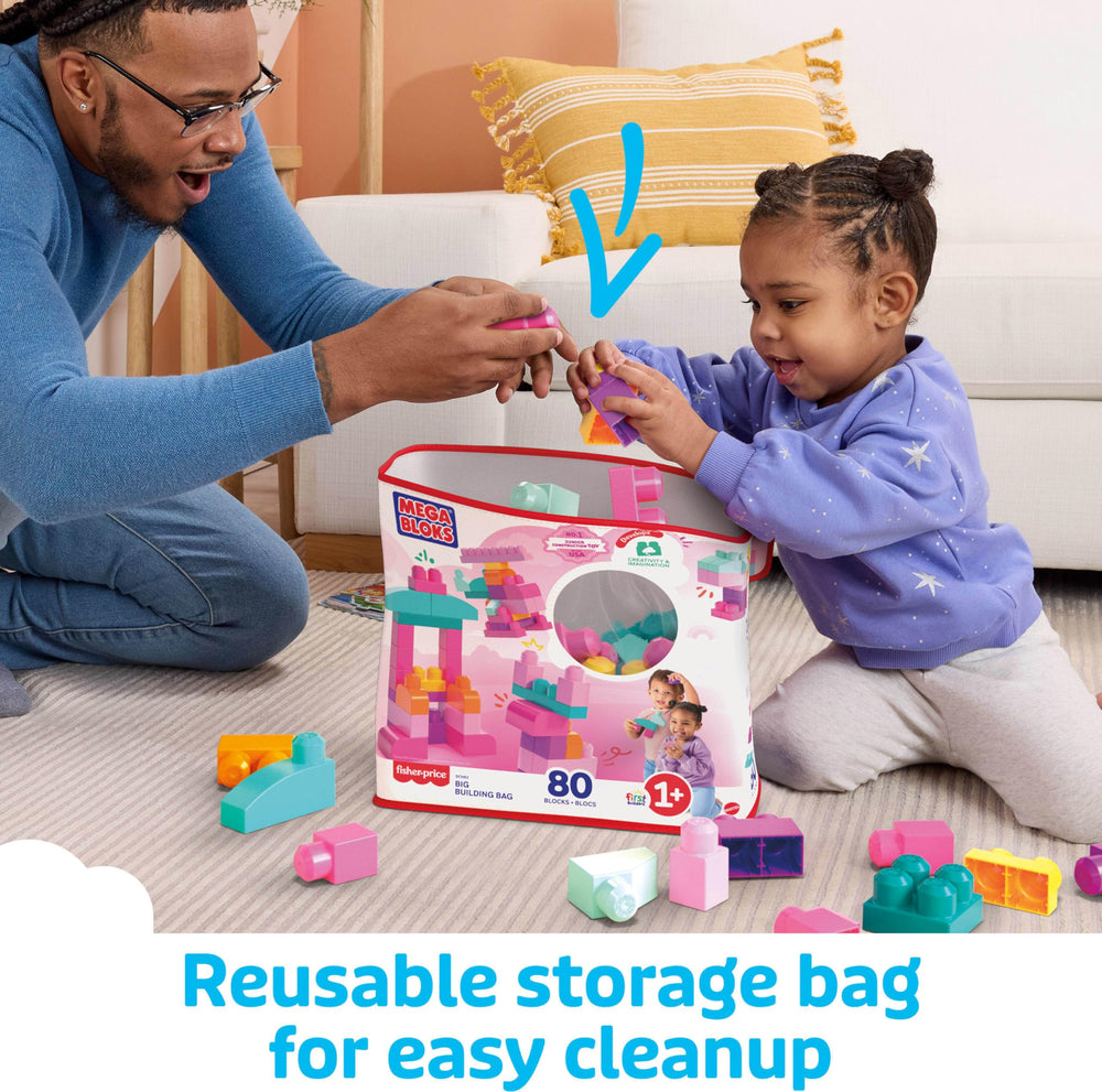 Mega Bloks 80-piece pink block set offers ample building opportunities.