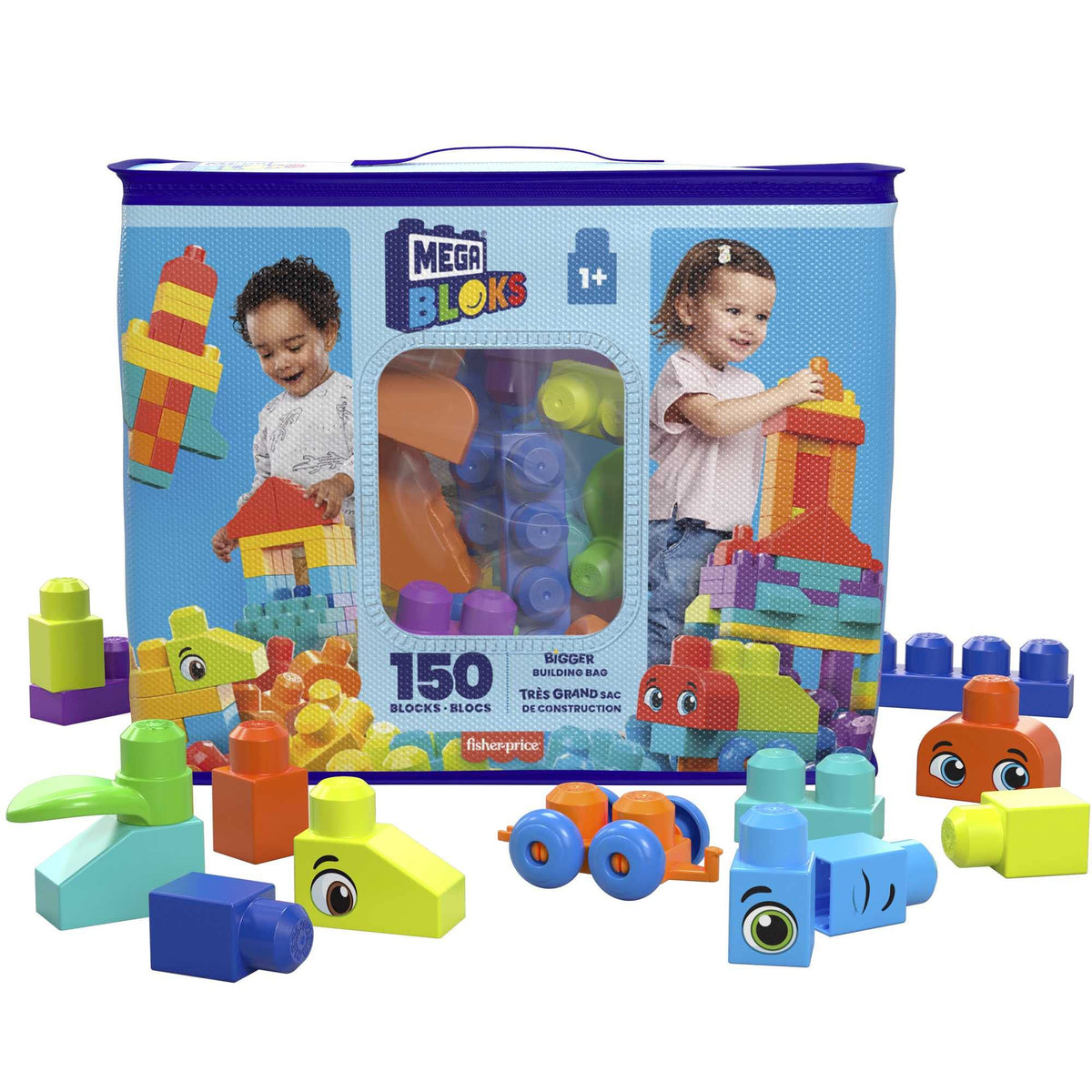 Mega Bloks First Builders 150-piece bag promoting early creative play for toddlers.