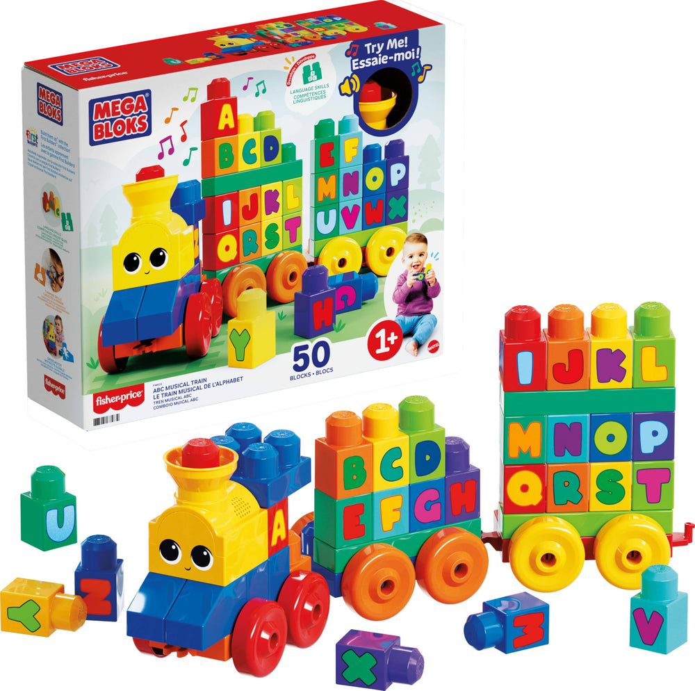 Mega Bloks First Builders ABC musical train engages toddlers with interactive learning and song.