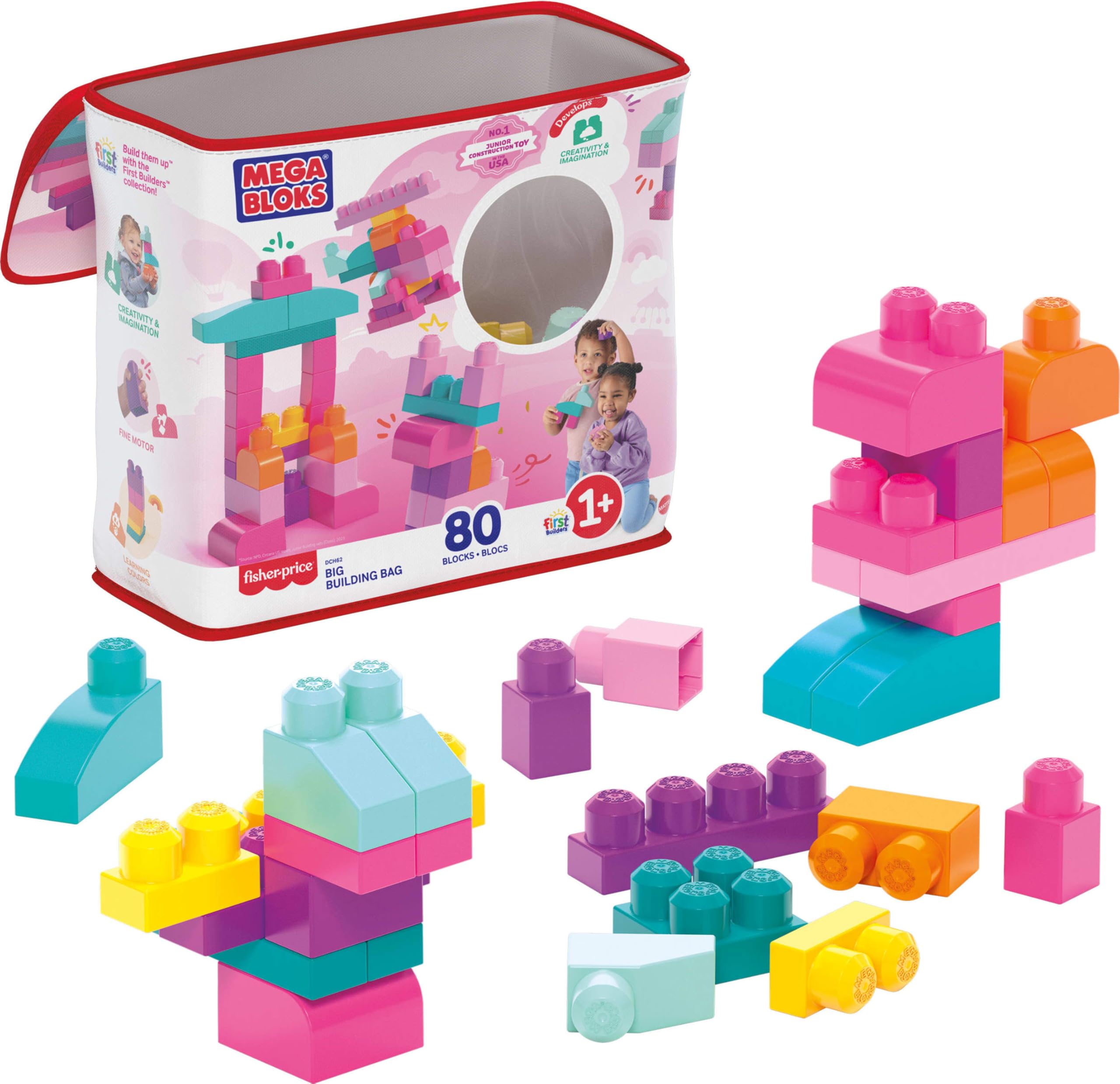 Mega Bloks First Builders pink bag with 80 pieces for easy cleanup and open-ended play.