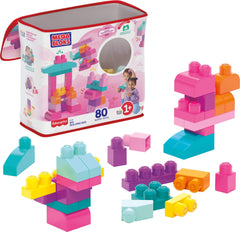 Mega Bloks First Builders pink bag with 80 pieces for easy cleanup and open-ended play.