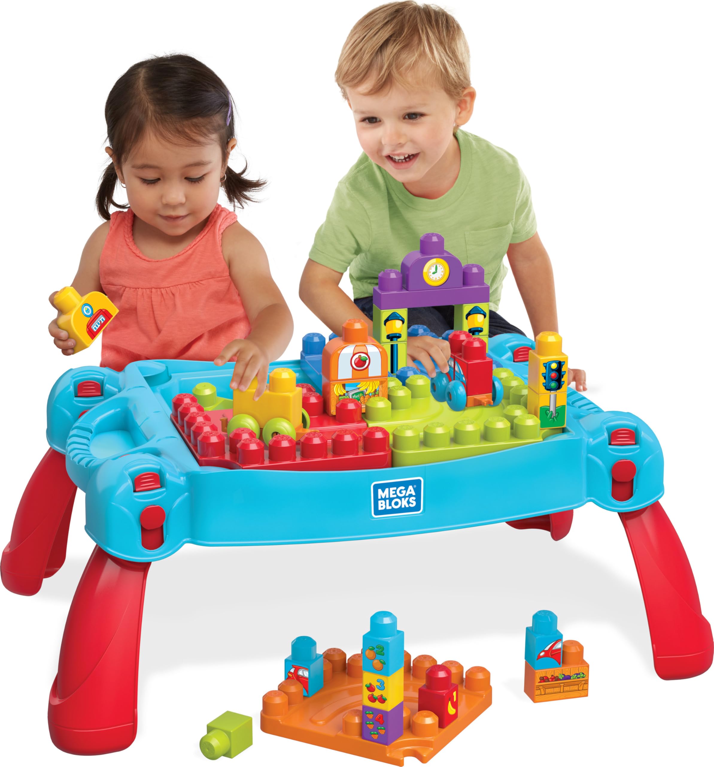 Mega Bloks First Builders table with folding legs for easy transport and storage.