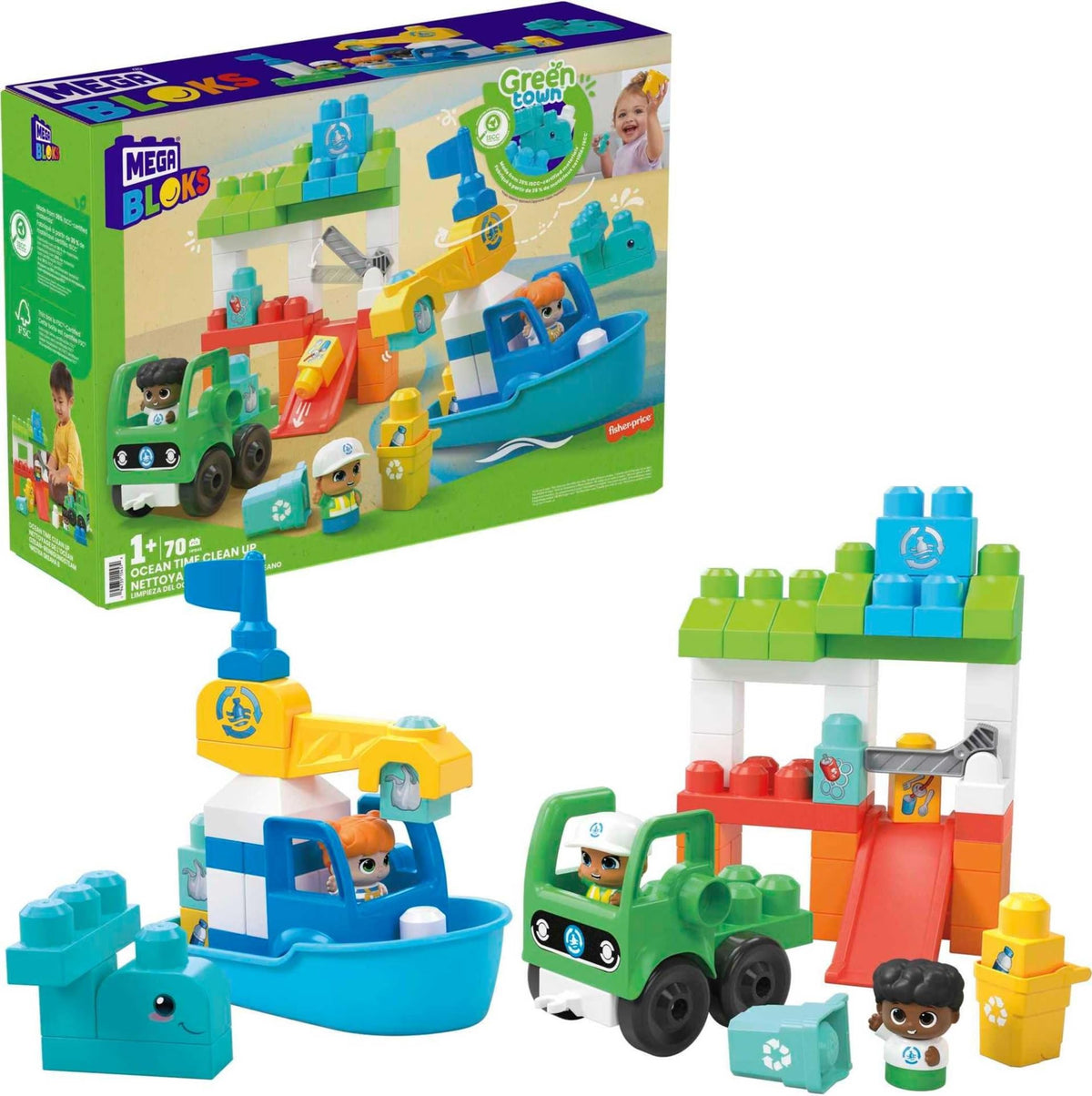 Mega Bloks Fisher-Price Ocean Time Clean Up boat for imaginative play and motor skill practice.