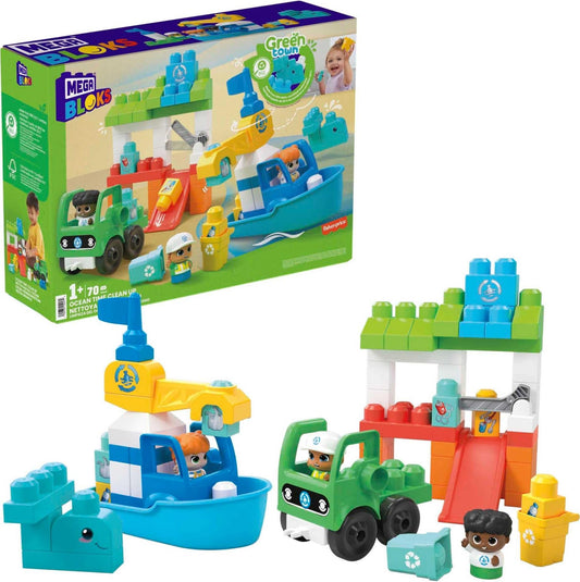 Mega Bloks Fisher-Price Ocean Time Clean Up boat for imaginative play and motor skill practice.
