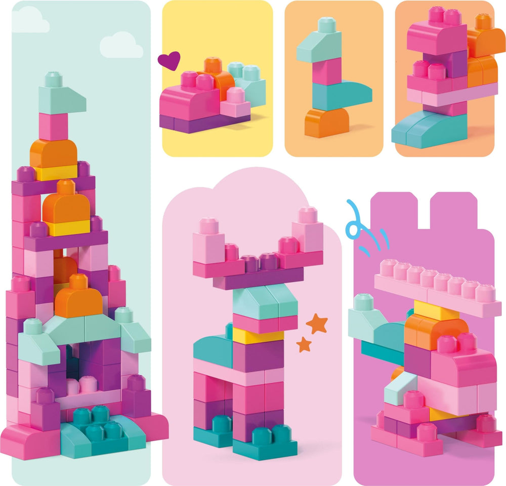 Mega Bloks bright pink colors stimulate visual exploration during early learning.