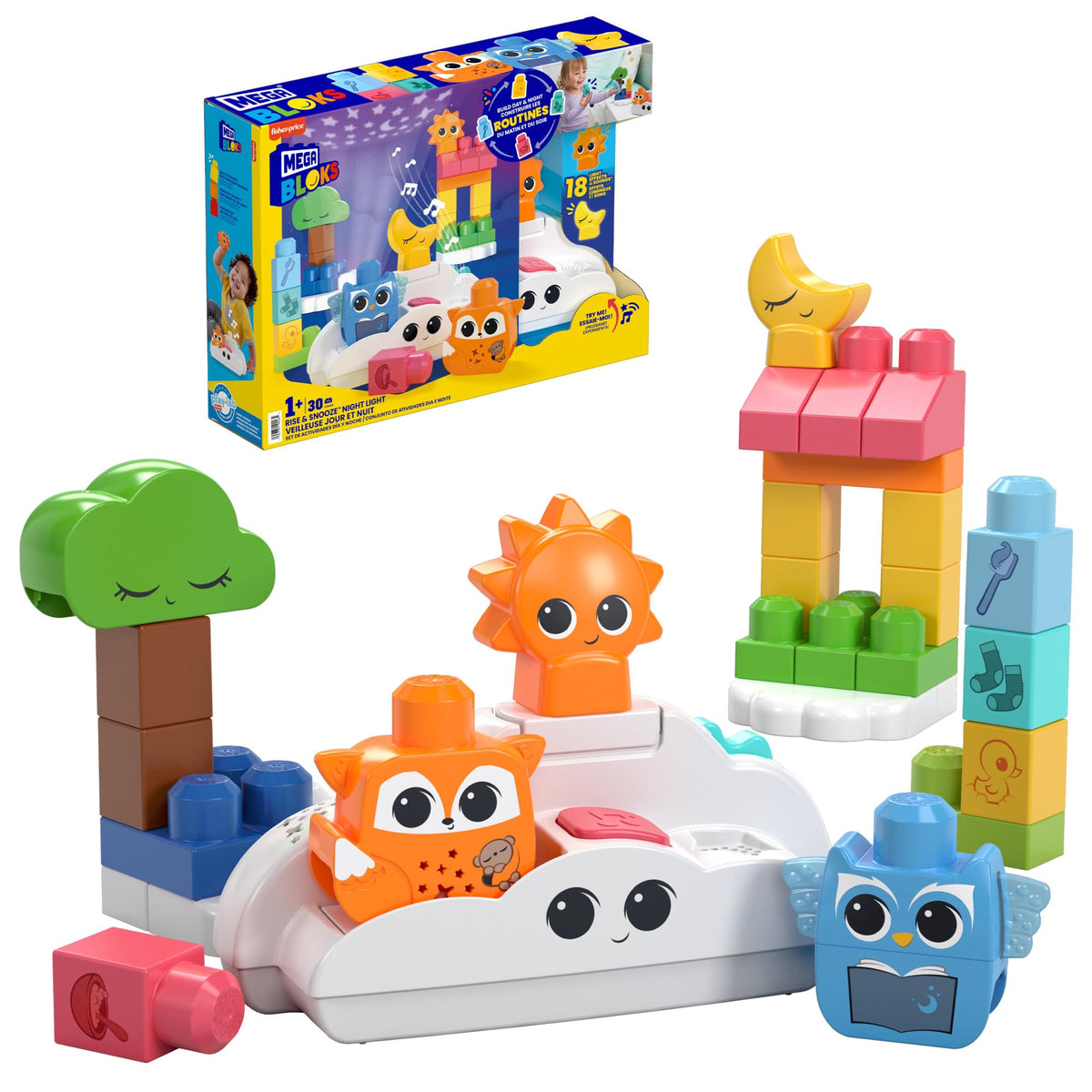 Mega Bloks Rise and Snooze night light unit provides soothing ambience for bedtime routines.