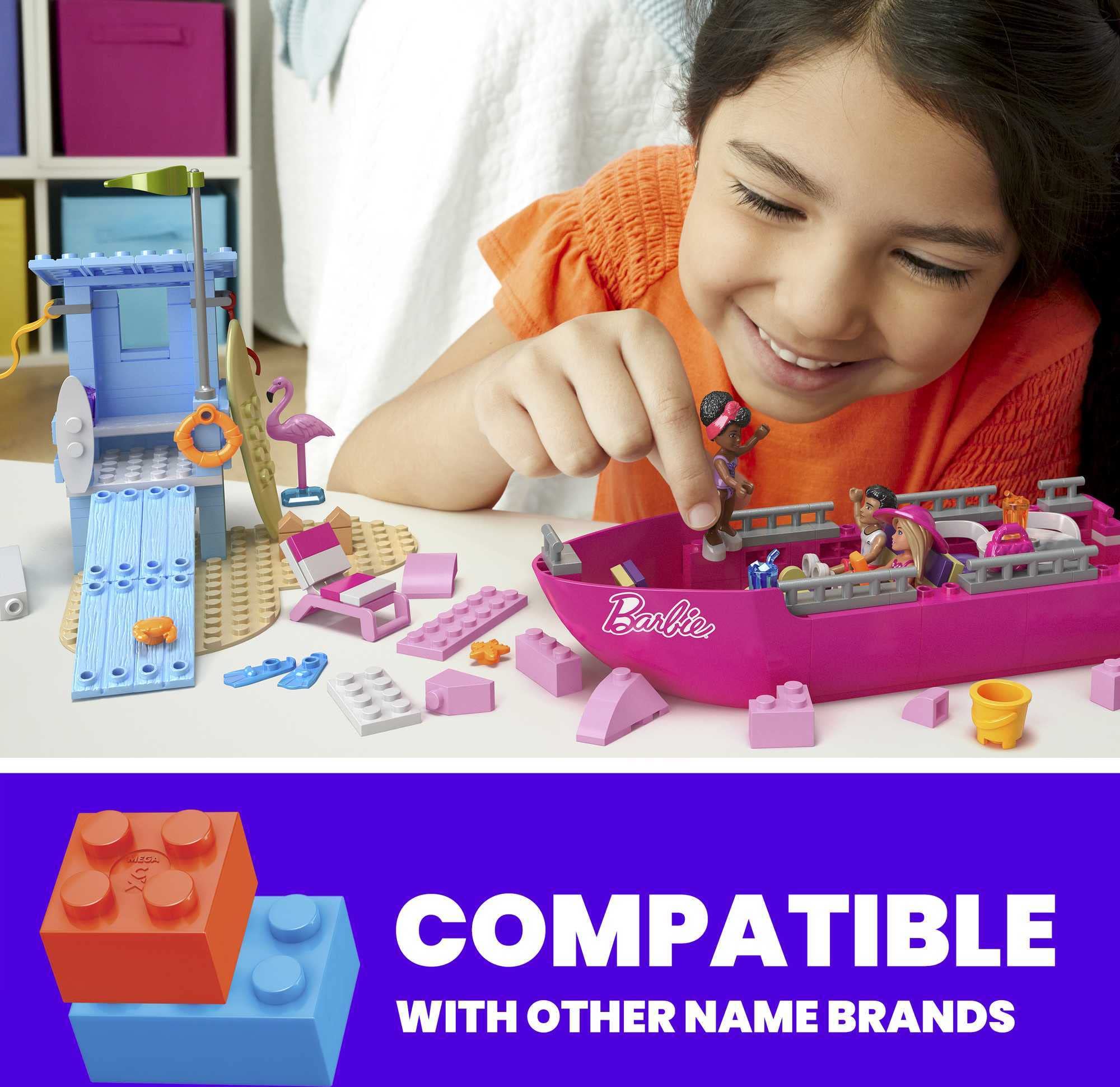 Mega Brands Barbie Dream Boat TV seating area enhances group play and role-play scenarios.