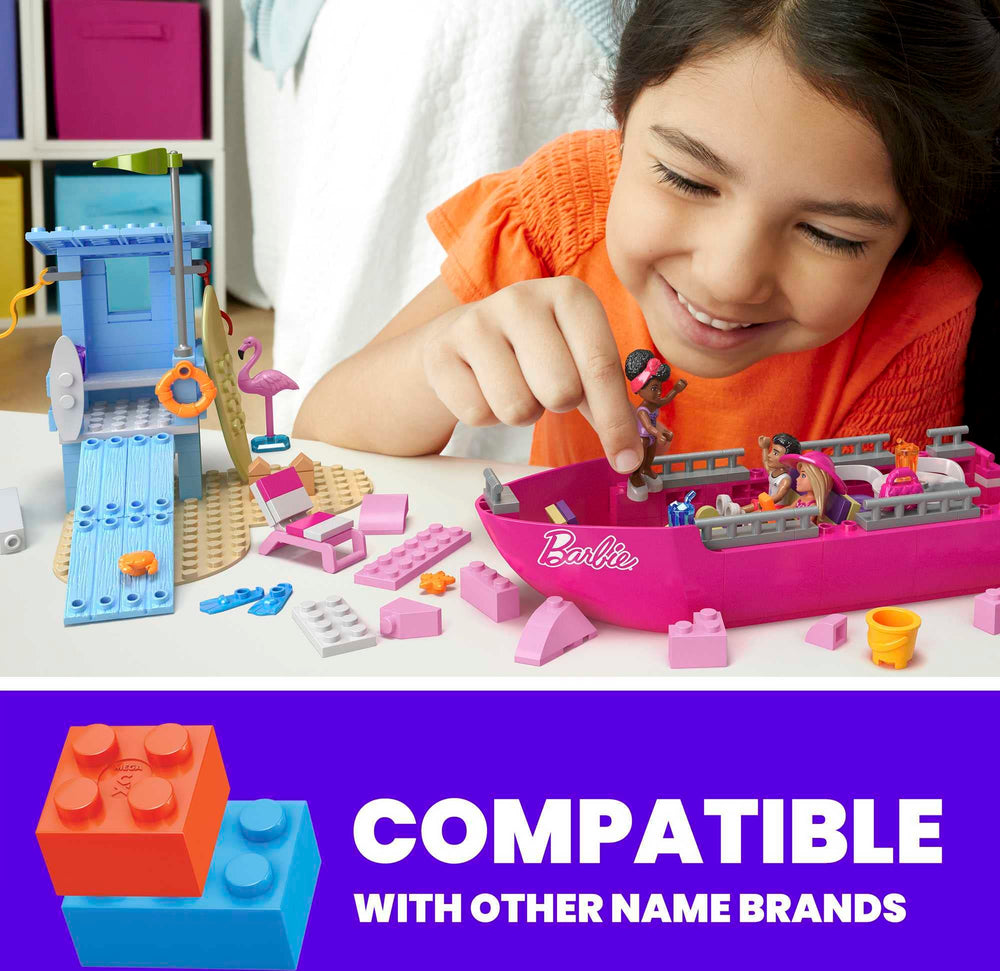 Mega Brands Barbie Dream Boat TV seating area enhances group play and role-play scenarios.