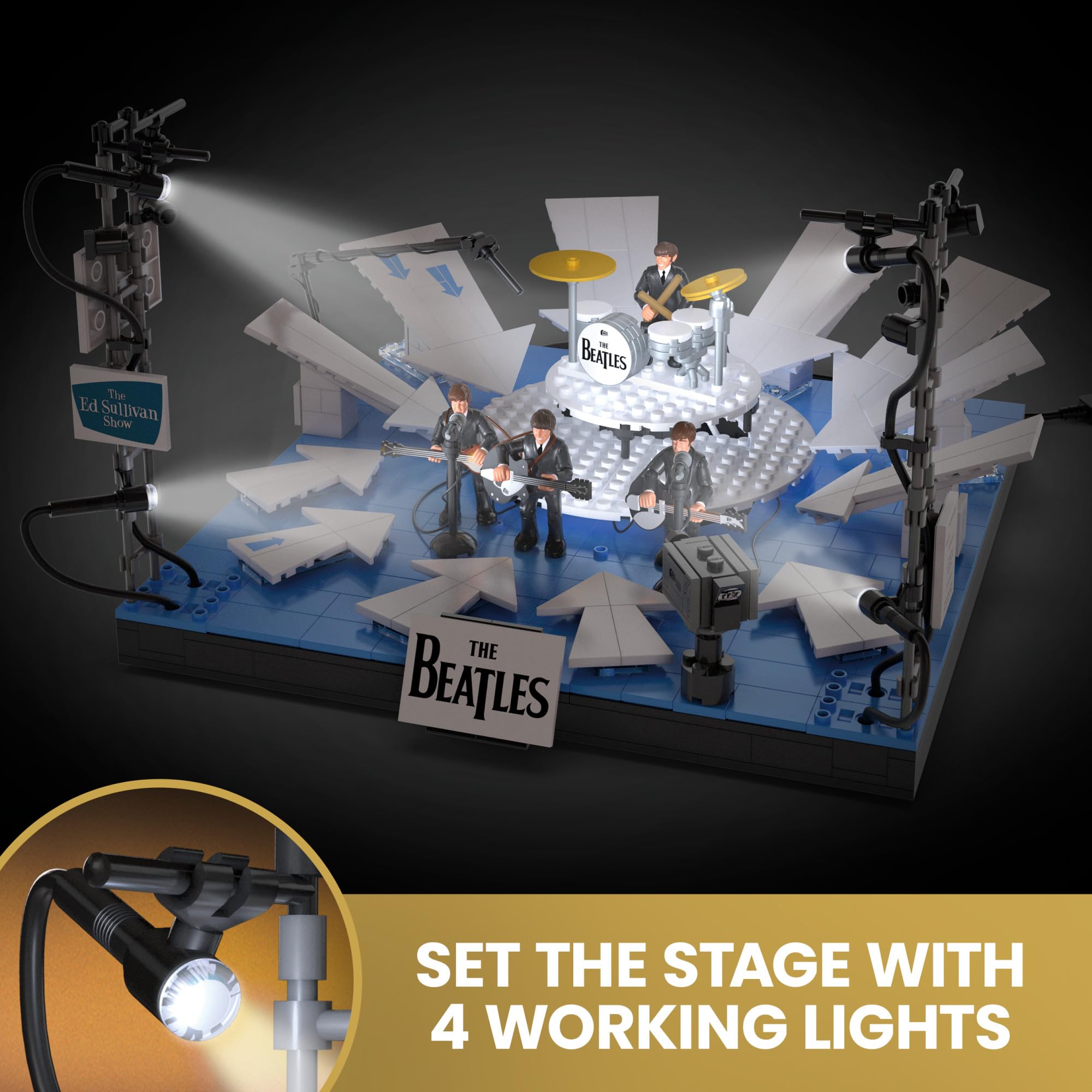 Interchangeable instruments for the Beatles figures offer versatile display options.