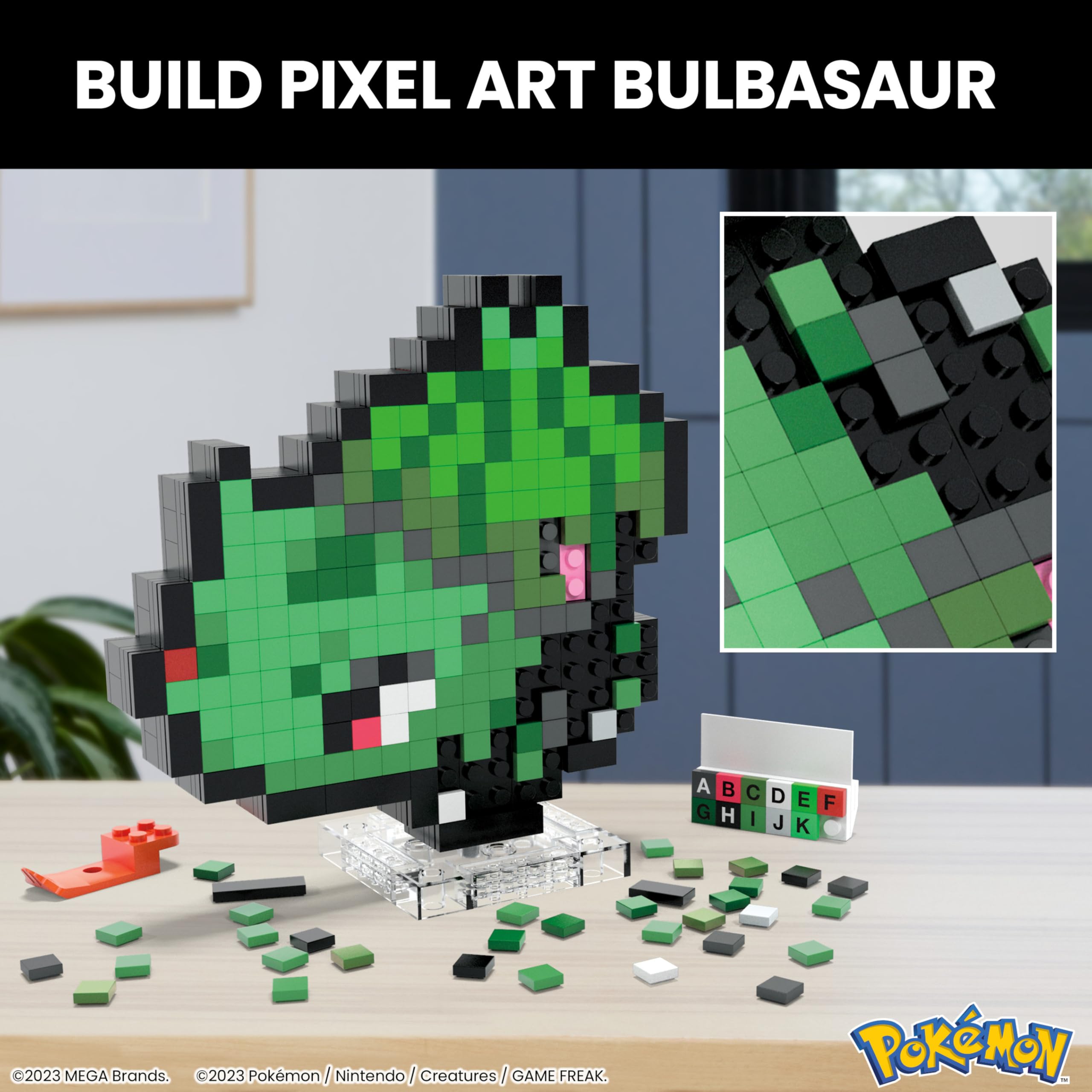 Mega Brands Bisasam pixel-stone construction showcases retro pixel-art detail.