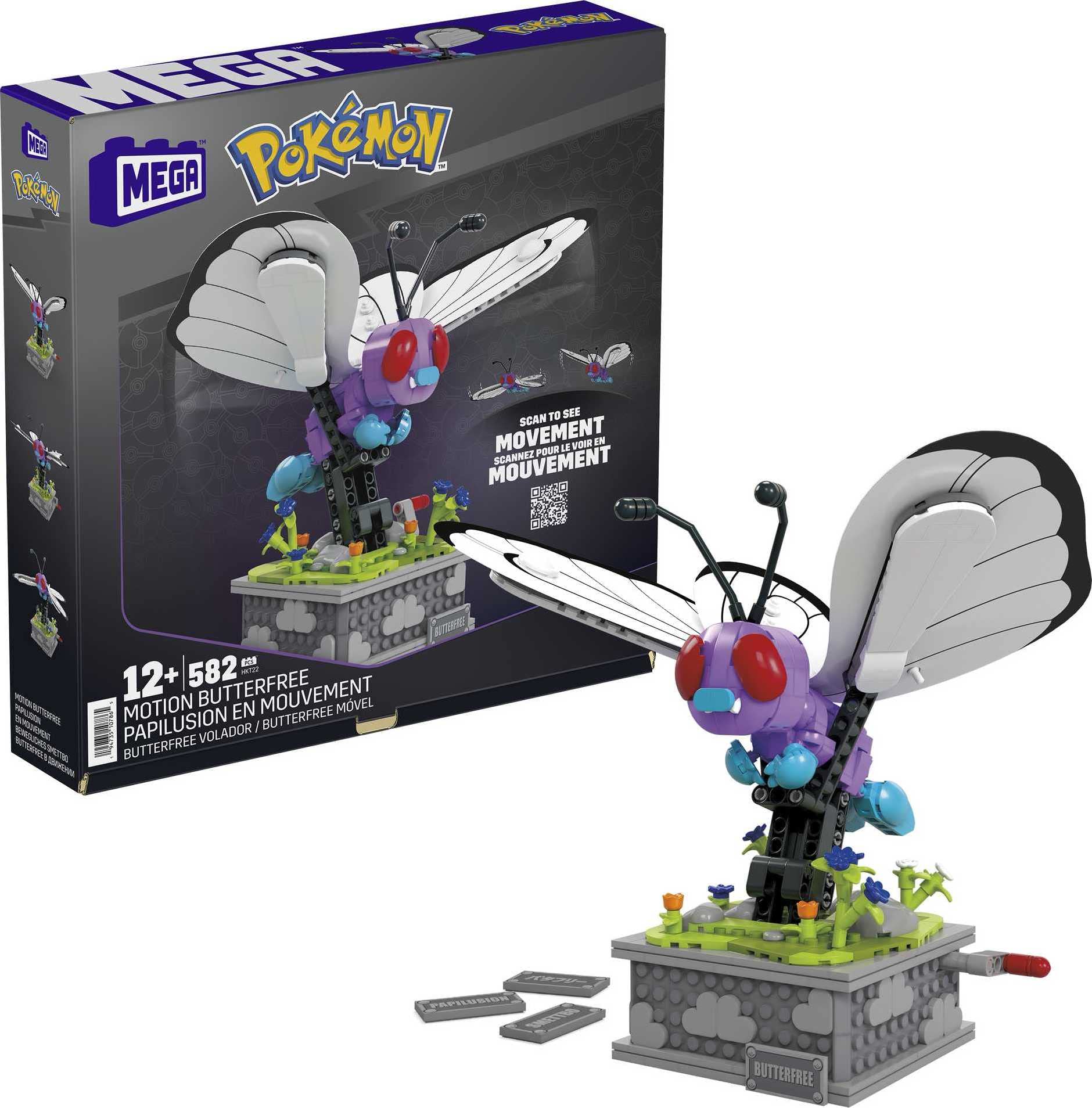 Mega Brands Butterfree mechanized wings in motion for a dynamic display.