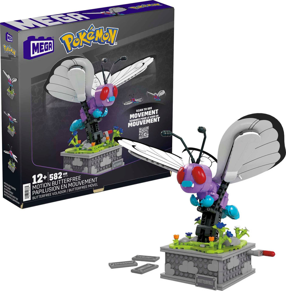 Mega Brands Butterfree mechanized wings in motion for a dynamic display.