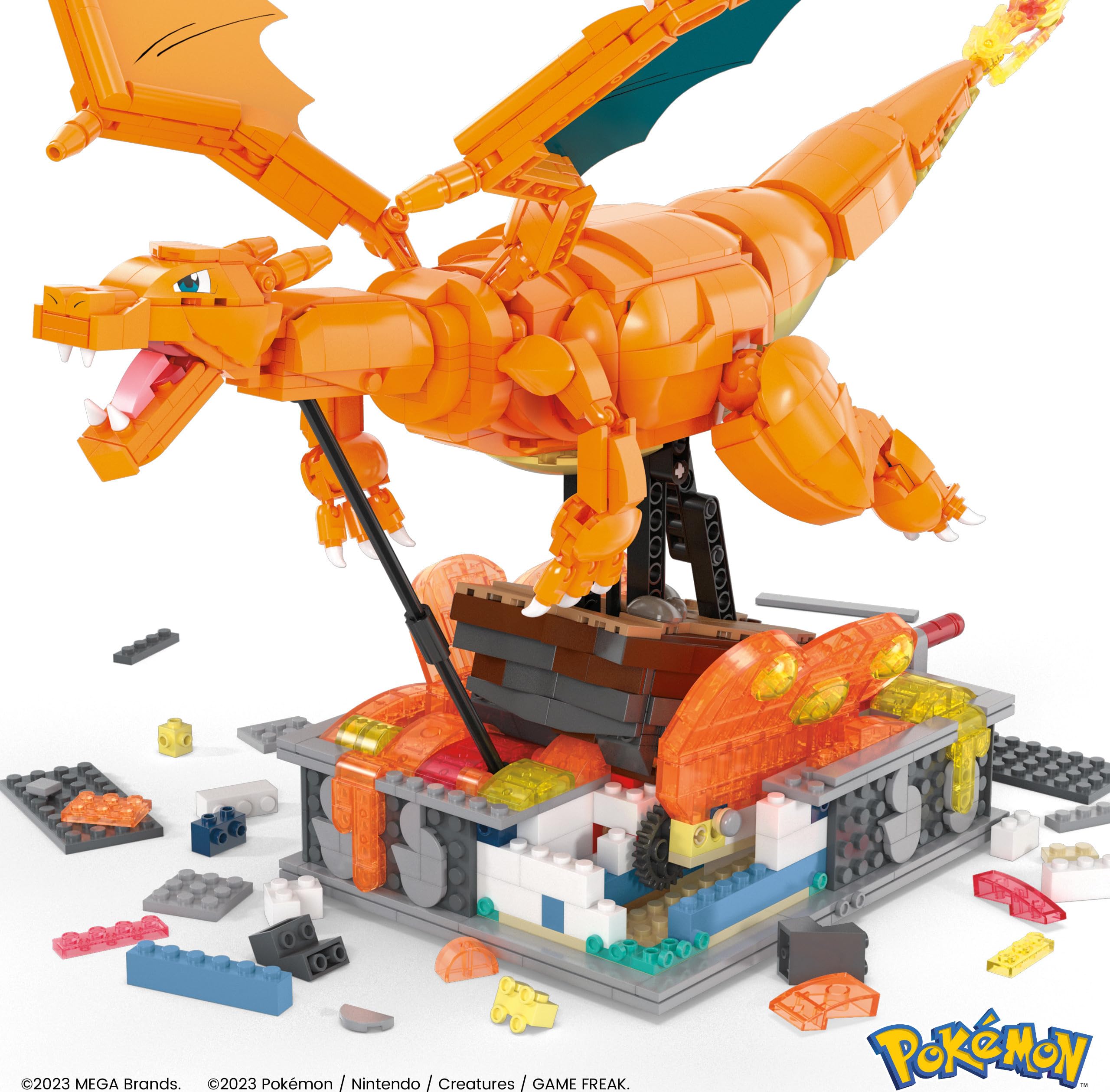 Mega Brands Charizard interchangeable name plates for multilingual display.