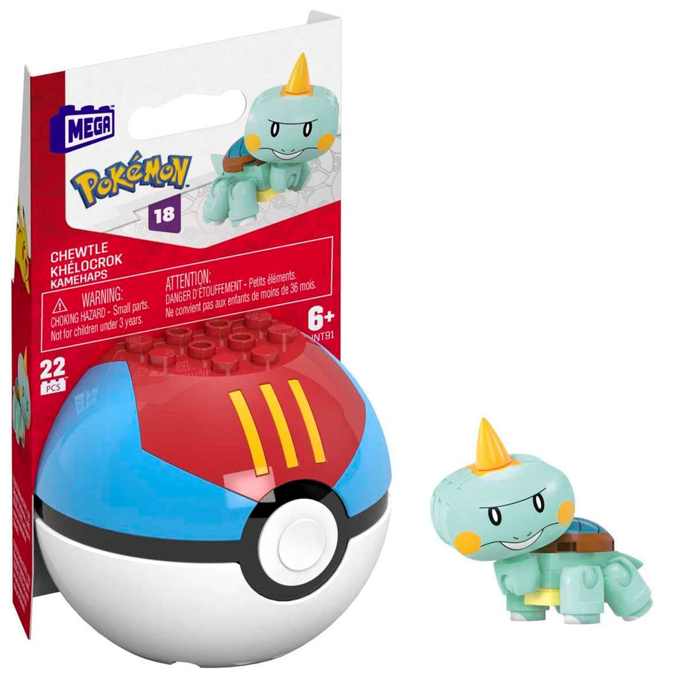 Mega Brands Chewtle inside an open Poké Ball ready for build and play