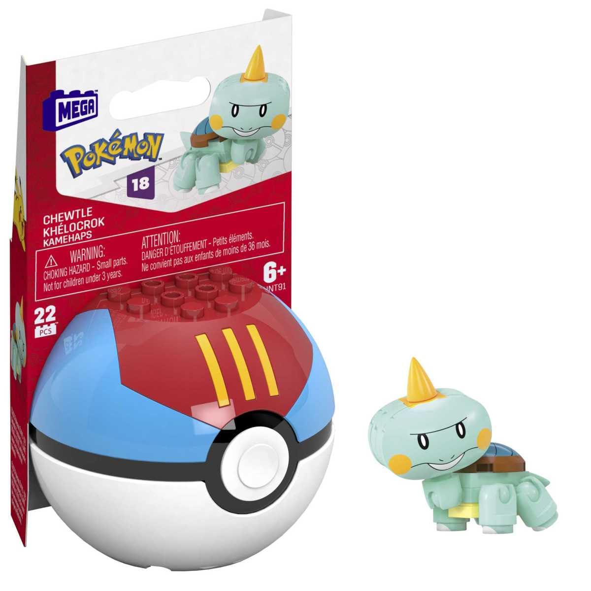 Mega Brands Chewtle inside an open Poké Ball ready for build and play